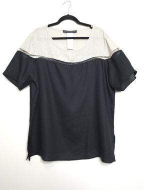 Marina Rinaldi 100% Linen Colorblock Blouse Black Beige US Size 18 Quiet Luxury